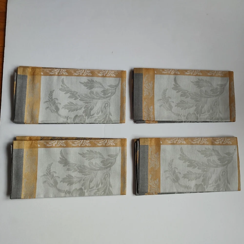 Williams Sonoma Villa 4 Napkins Jacquard Grey Yellow Beige Cream Cotton Linen